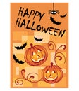 Halloween card with pumpkins, spider and bats