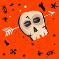 Halloween card. Scull with a arrow on a orange background