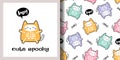 Halloween Card and Seamless Pattern set with Kawaii Cute Skeleton Cat