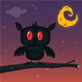 Halloween card, silhouette of owl with large eyes sitting on a branch against a full moon and starry night sky. Royalty Free Stock Photo