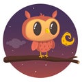 Halloween card, silhouette of owl with large eyes sitting on a branch against a full moon and starry night sky. Royalty Free Stock Photo