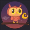 Halloween card, silhouette of owl with large eyes sitting on a branch against a full moon and starry night sky. Royalty Free Stock Photo