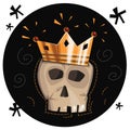 Halloween card. Skull with a shiny golden crown on a black background.