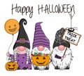 Halloween card. Three gnomes with candy, pumpkin and trick or treat card.