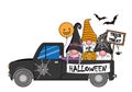 Halloween card. Three gnomes inside a vehicle celebrating halloween.