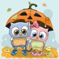 Halloween card Two cute cartoon Owls