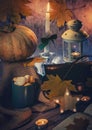 Halloween card, vertical photography, pumpkin, lantern burning candles and sweets, dark background