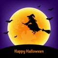 Halloween card with witch, bats and moon. Royalty Free Stock Photo