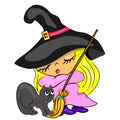 Halloween card with witch broom cat