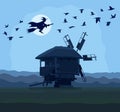 Halloween card. The witch flies on a broomstick against the background of the moon above the old windmill Royalty Free Stock Photo