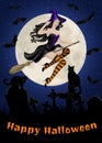 Halloween card with witch flying on broom, black cats and bats in cemetery Royalty Free Stock Photo