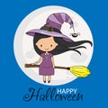 Halloween card. Witch girl flying on broomstick Royalty Free Stock Photo