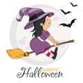 Halloween card. Witch girl flying on broomstick Royalty Free Stock Photo