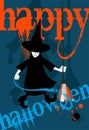 Halloween card with witch, spider and Happy Halloween - vector