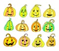 Halloween card with yellow green pumpkins isolated on white background. Funny doodle art. Orange Jack lanterns set. Vector Royalty Free Stock Photo