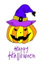 Halloween card with yellow pumpkin and lettering isolated on white background. Funny doodle art. Jack lantern in wizard hat vector Royalty Free Stock Photo