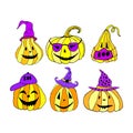 Halloween card with yellow pumpkin and lettering isolated on white background. Funny doodle art. Jack lanterns set in wizard hat Royalty Free Stock Photo