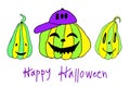 Halloween card with yellow pumpkins set and lettering isolated on white background. Funny doodle art. Jack lantern in hat. Vector Royalty Free Stock Photo