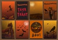 Halloween cards baners design vector set with pumpkin, witch, bats, scarecrow and haunted house. Royalty Free Stock Photo