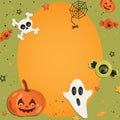 Halloween cartoon art in flat style. Green background, frame with cute ghost, pumpkin, eye, bone, skull, sweet for text