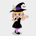 Halloween cartoon character of little baby girl in witch dress on transparent background.