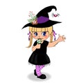 Halloween cartoon character of little baby girl in witch dress on white background.