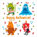 Halloween cartoon character set. Hand-drawn vector illustration with Monster, Slime Slug, Wolf, Devil and small patterns Royalty Free Stock Photo