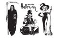 Halloween cartoon characters Death with scythe and hourglass Grim Reaper, Count Dracula vampire, beautiful sexy witch