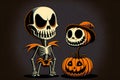 Halloween cartoon characters skeleton skull, digital illustration painting