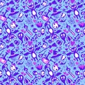 Halloween cartoon doodle seamless bat and cat and ghost and skulls pattern for wrapping paper and fabrics