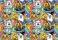 Halloween cartoon doodle seamless pumpkins and ghost pattern for wrapping paper and fabrics and linens