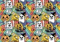 Halloween cartoon doodle seamless pumpkins and ghost pattern for wrapping paper and fabrics and linens