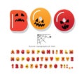 Halloween cartoon font. Cute colorful letters and numbers with cpooky creepy faces. Funny orange alphabet for kids. Vector