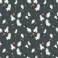 Watercolor Halloween cartoon ghost pattern. Happy Halloween seamless background of white ghosts and orange stars.