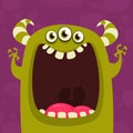 Halloween cartoon green horned monster with thee eyes. Vector illustration isolated. Royalty Free Stock Photo