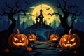 Halloween Cartoon Illustration Pumpkins And Castle