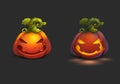 Halloween cartoon pumpkin and pumpkin lights on dark background. Royalty Free Stock Photo