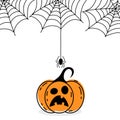 Halloween cartoon pumpkin with spider hanging on web