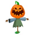 Halloween cartoon scarecrow with pumpkin head.  Jack-o-lantern Royalty Free Stock Photo