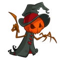 Halloween cartoon scarecrow with pumpkin head. Vector cartoon character isolated on white.