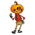 Halloween cartoon scarecrow with pumpkin head. Vector cartoon character isolated on white. Royalty Free Stock Photo