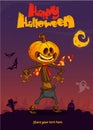 Halloween cartoon scarecrow with pumpkin head. Vector cartoon poster for Halloween party. Royalty Free Stock Photo