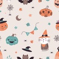 Halloween cartoon seamless pattern with pumpkins, bat and spider. Witch cat in hat, spooky creatures vector fabric or Royalty Free Stock Photo