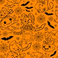 Halloween cartoon seamless pattern. Vector background in orange color with cats, bats, pumpkins and cobwebs. Royalty Free Stock Photo