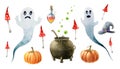 Halloween cartoon set. Hand drawn watercolor spooky funny elements. Halloween funny ghost, pumpkin, witch kettle, potion