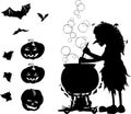 Halloween cartoon set with silhouettes of witch, bat, pumpkin an