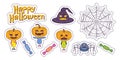 Halloween cartoon sticker collection.  Kids in costumes. Sweets. Funny pumpkins. Scary hat. Evil spider with web. Royalty Free Stock Photo