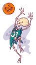 Halloween cartoon style character. Skeleton scary basketball player whith pumpkin ball.