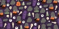 Halloween cartoon style hand drawn seamless pattern with coffin, grave, raven, zombie hand. Fabric textile, wrapping paper or web Royalty Free Stock Photo