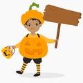 Pumpkin Boy Holding a Wooden Sign and a Pumpkin Bucket, Halloween Cartoon Vector Royalty Free Stock Photo